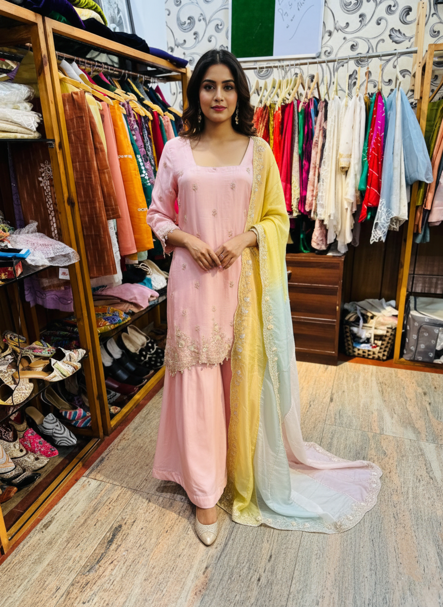 Blush Pink Crepe Zardozi Embroidered Sharara Suit with Pastel Organza Dupatta