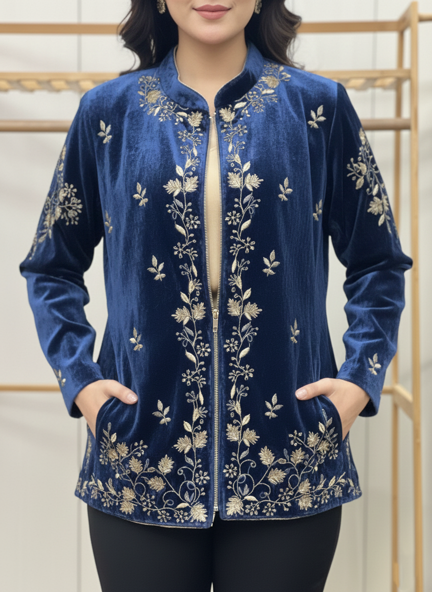 Regal Silk Velvet Jacket with Intricate Zardozi Embroidery
