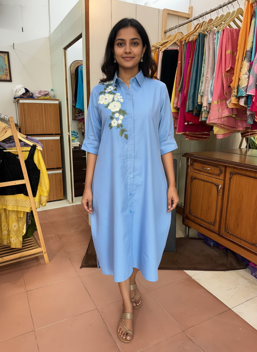 Artisanal Denim: Resham Embroidered Casual Dress