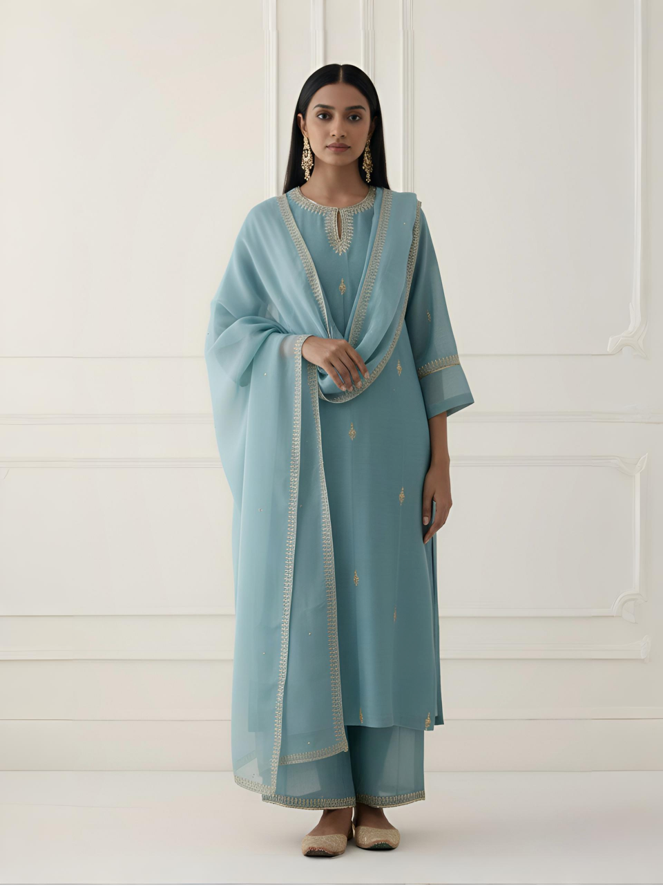Traditional Chanderi Suit Material featuring Aari and Sequin Detailing