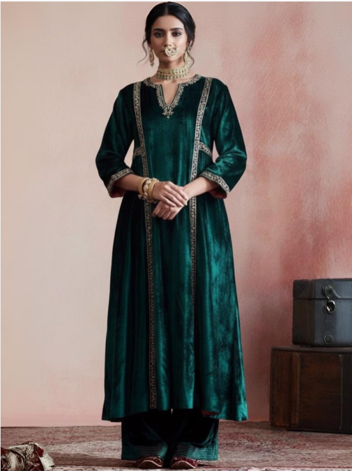 Silk Velvet Suit with Resham & Cutdana Embroidery