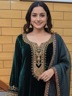 Royal Silk Velvet Suit Adorned with Zardozi Work and Organza Dupatta