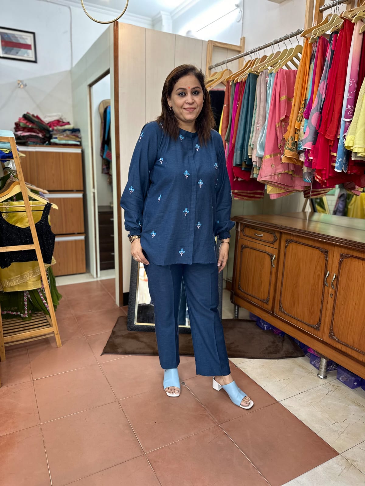 Smart Casual Resham Work Co-ord in Breathable Cotton Linen