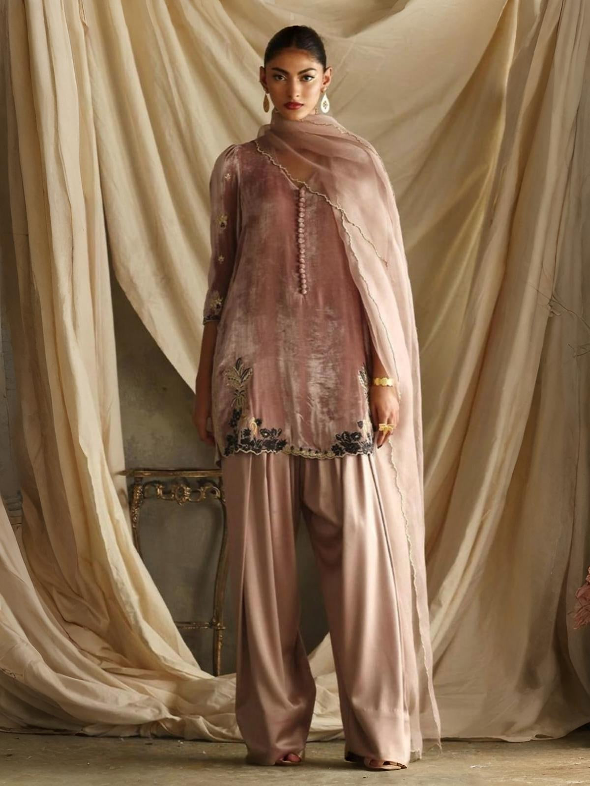 Contrasting Velvet and Silk Zardozi Ensemble