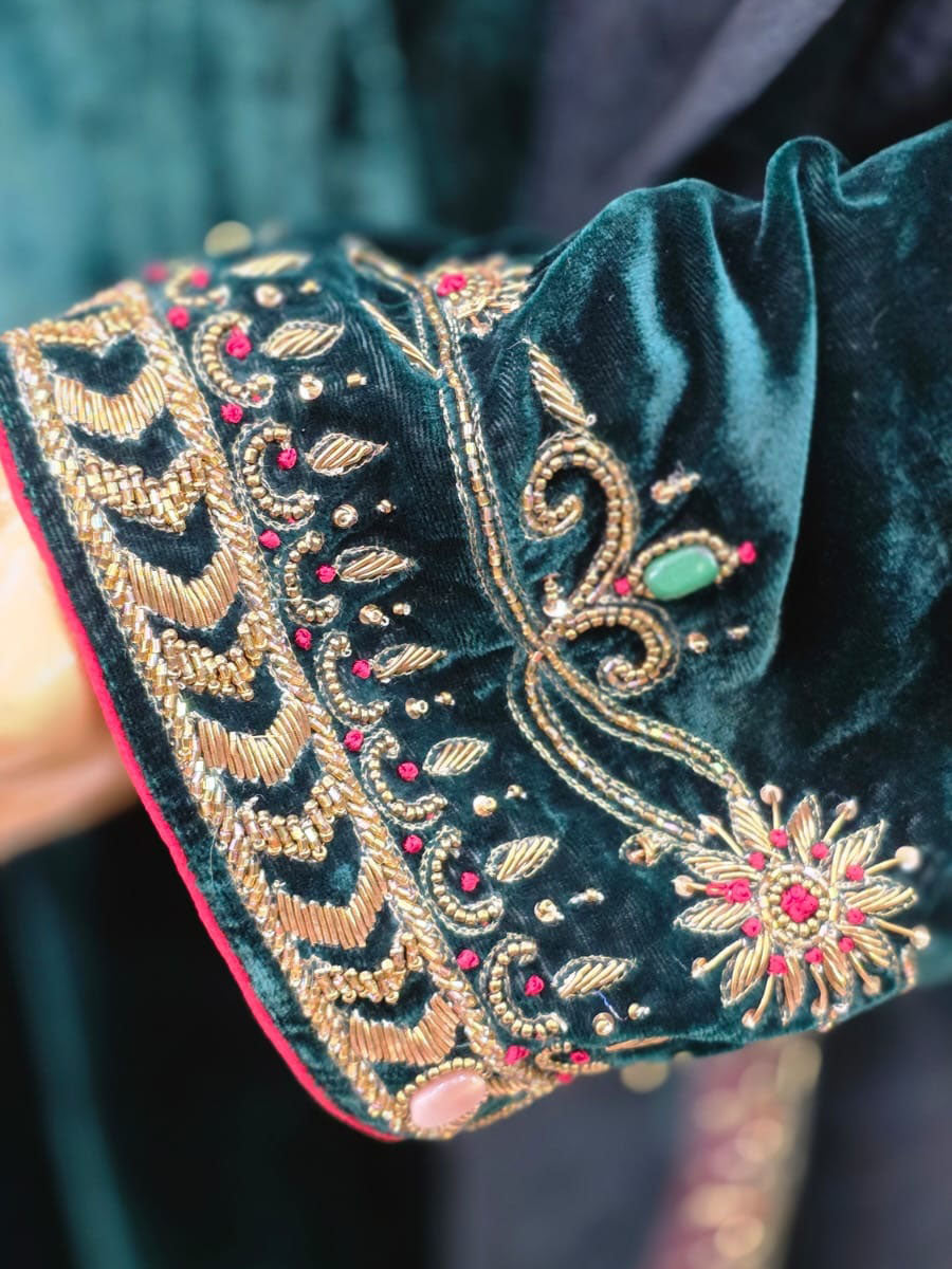 Royal Silk Velvet Suit Adorned with Zardozi Work and Organza Dupatta